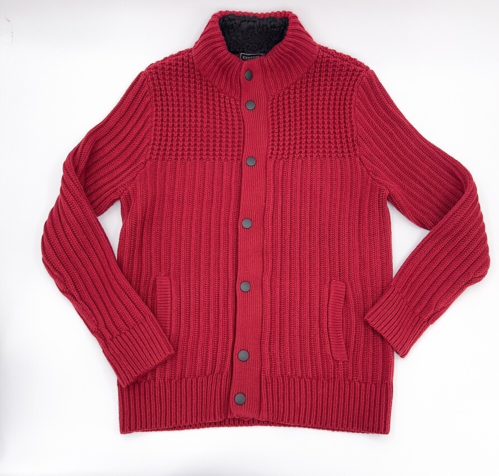 Express Sweater Womens Large Red Gray Ribbed Chunky Knit Button up Mock Neck